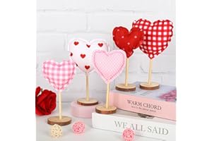 Whaline 5Pcs Valentine's Day Fabric Tall Standing Heart Block Set Hearts Tabletop Centerpiece Sign Wood Valentine Hearts Standing Blocks Tiered Tray Decor for Farmhouse Home Office Table Decoration