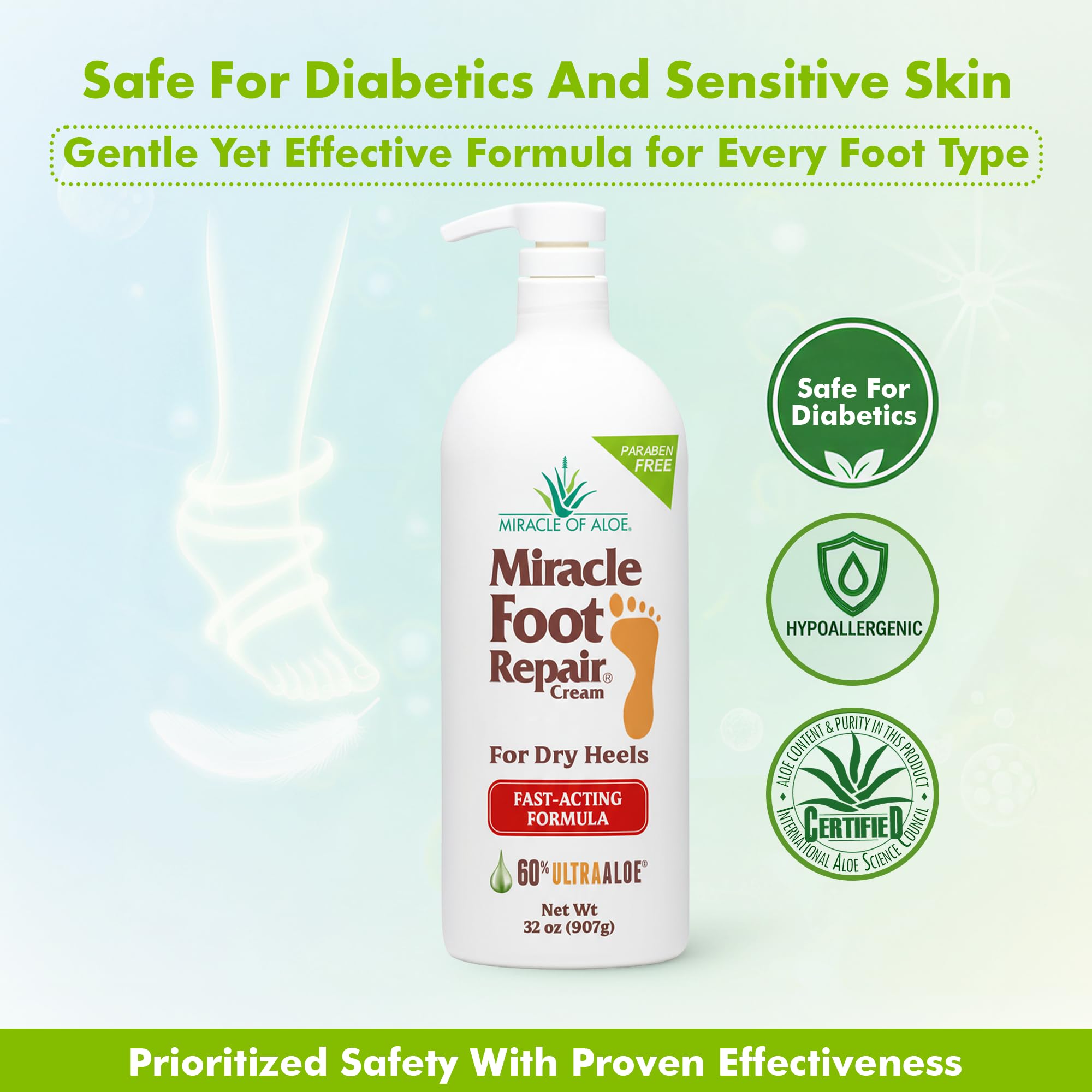 Miracle Foot Repair Cream (32 oz) Repairs Dry Cracked Heels and Feet, 60% Pure UltraAloe Moisturizes, Softens, and Repairs