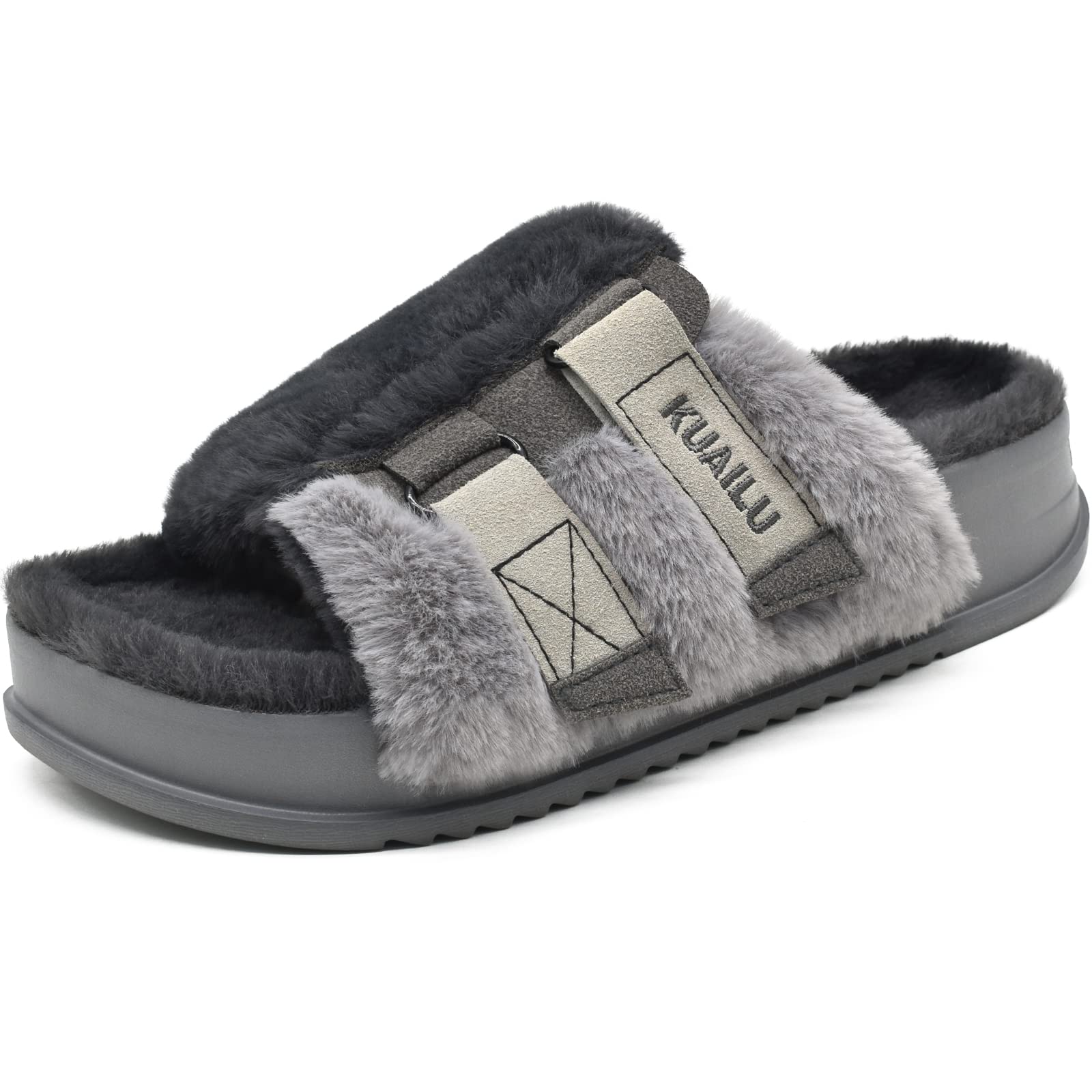 KuaiLu Womens Fuzzy Platform Open Toe Slippers with Arch Support Fluffy Furry Slides Orthotic Faux Fur Sandals Indoor Outdoor Grey Size 12 Image