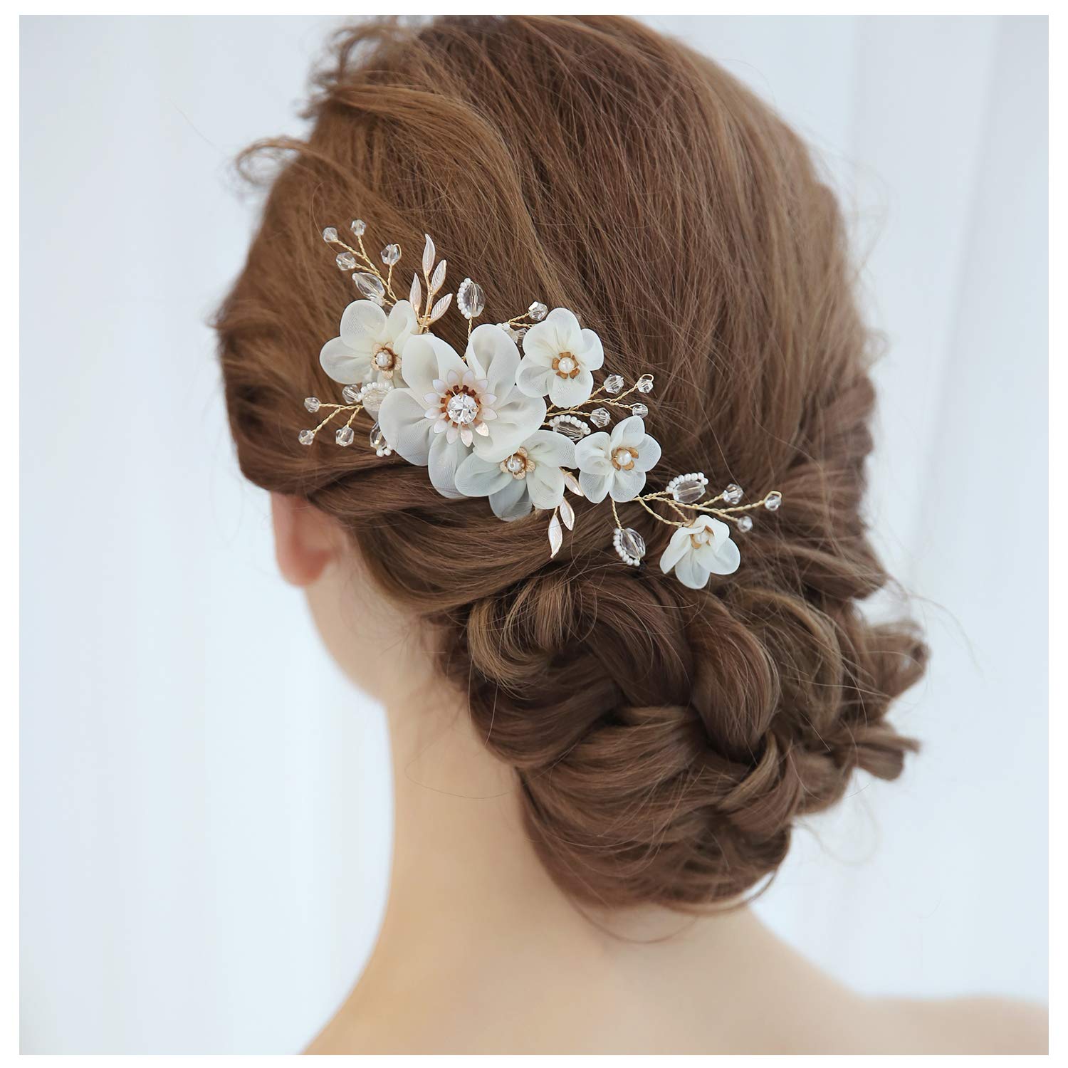 HONEY BEAR Bridal Jewellery Floral Hair Combs for Womens Wedding Accessories,Simulated Pearl and Rhinestones (Yarn flower)