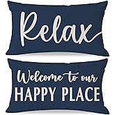 HERHOME Welcome to Our Happy Place Relax Decorative Throw Pillow Covers 12x20 Set of 2 Navy Blue Outdoor Rustic Farmhouse Porch Decor Lumbar Cushion Case Decoration for Home Sofa Couch Living Room