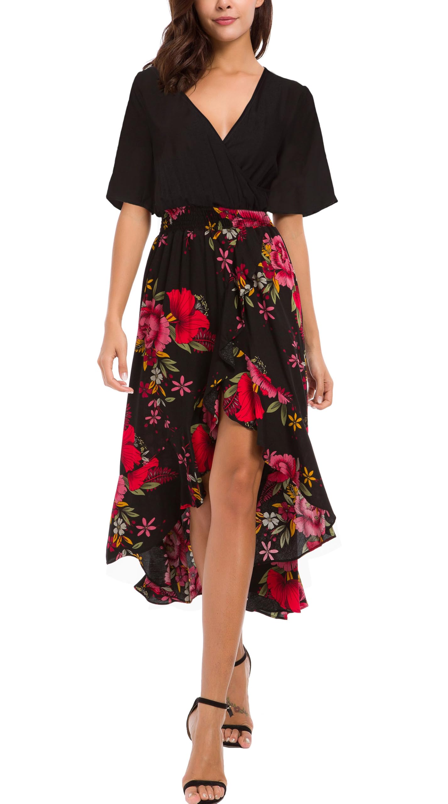Photo 1 of Kormei Womens Short Sleeve Floral Maxi Dress High Low V-Neck Flowy Party Long Dresses XL Black/Black&Red