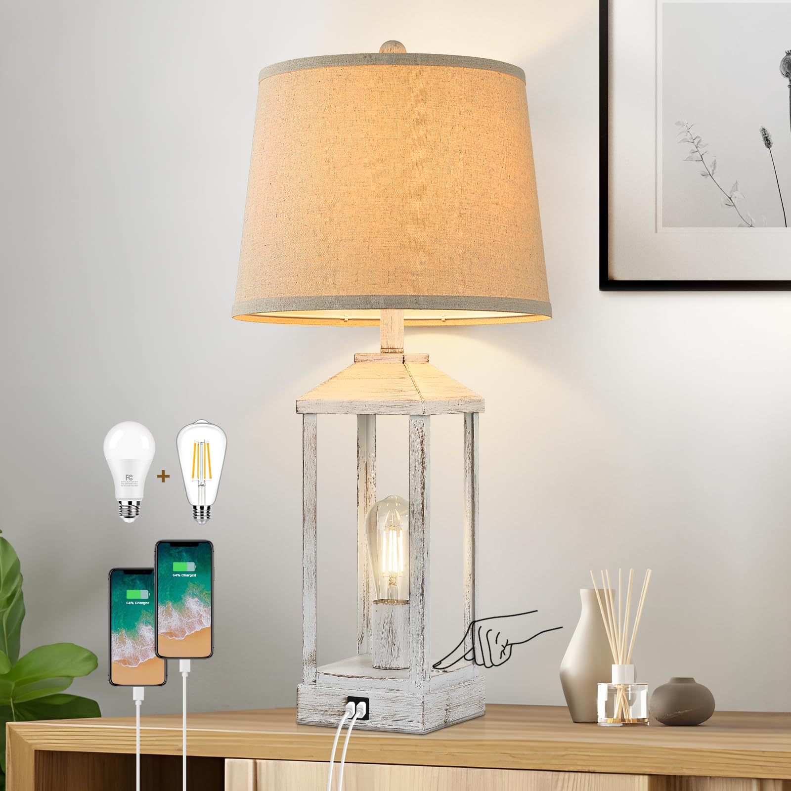 Photo 1 of 28" Bedside Table Lamp for Living Room, 3-Way Dimmable Touch Control Retro Nightstand Desk Lamp with 2 Light, White Rustic Farmhouse Lamp with USB Ports for Bedroom, Home, Office, 2 Bulbs Included