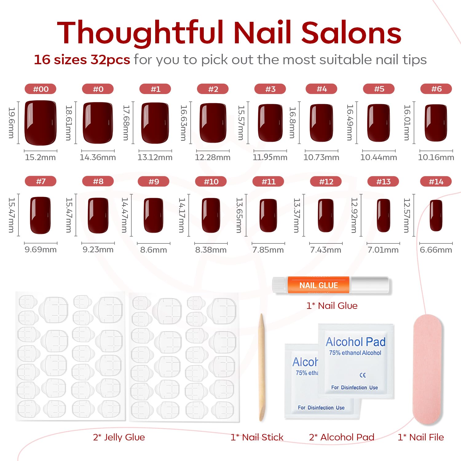 Modelones Press on Nails, Dark Red Short Square Fake Nails, Reusable Nail Kit with Nail Glue Adhesive Tabs Mini Nail File, Nails Press Ons 32Pcs16 Sizes, Women Girl Gift - Image 4