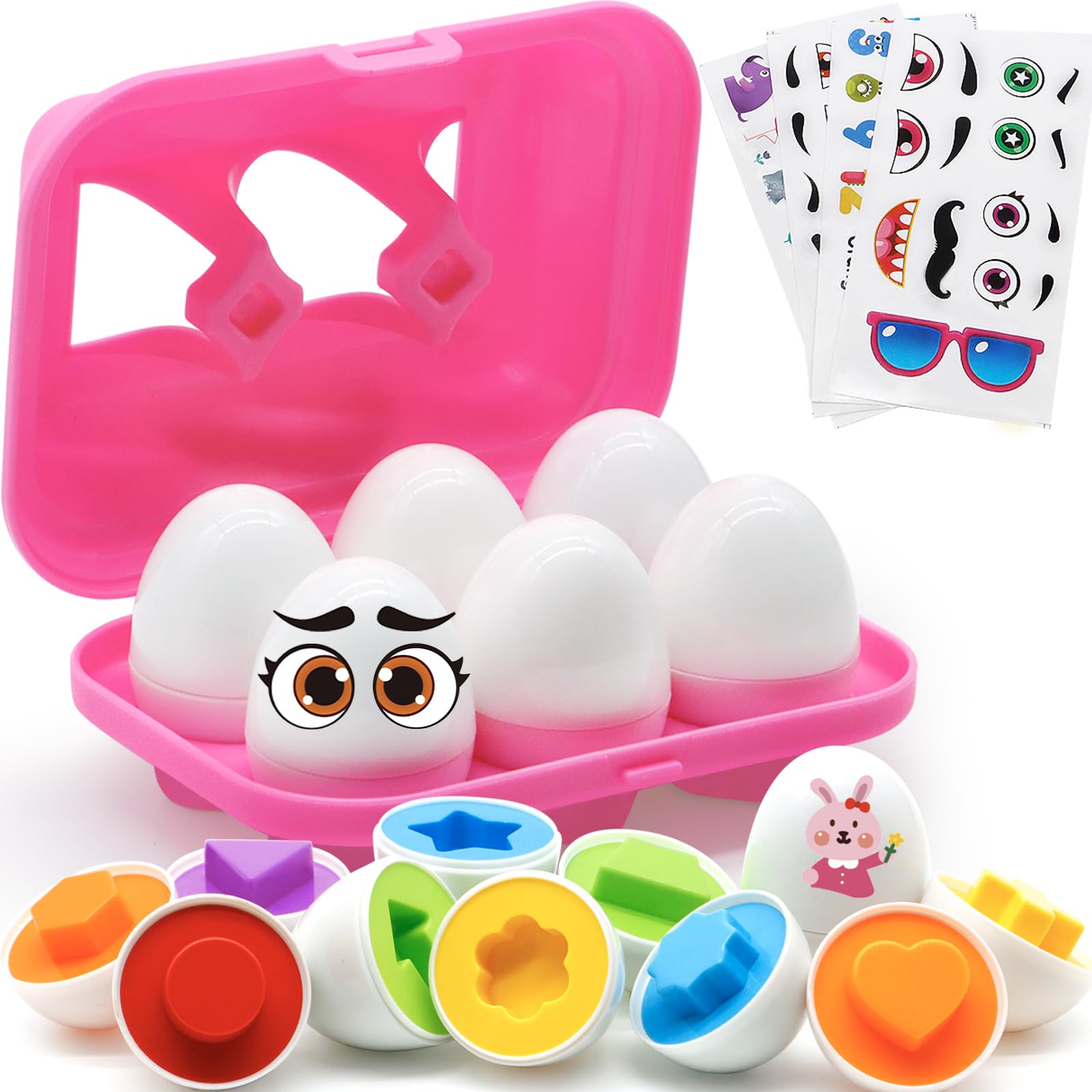 MOONTOY Toddler Toys Easter Eggs Learning Montessori Toys for 1 2 3 Year Old Girl Boy Kid Gift Matching Eggs Educational Color Sorting Baby Puzzle Cognitive Shape Sorter, 6 Eggs Easter Basket Stuffers
