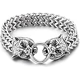 COOLSTEELANDBEYOND Mens Vintage Steel Tiger Head Bracelet, Square Franco Link Curb Chain Bracelet, Spring Ring Clasp