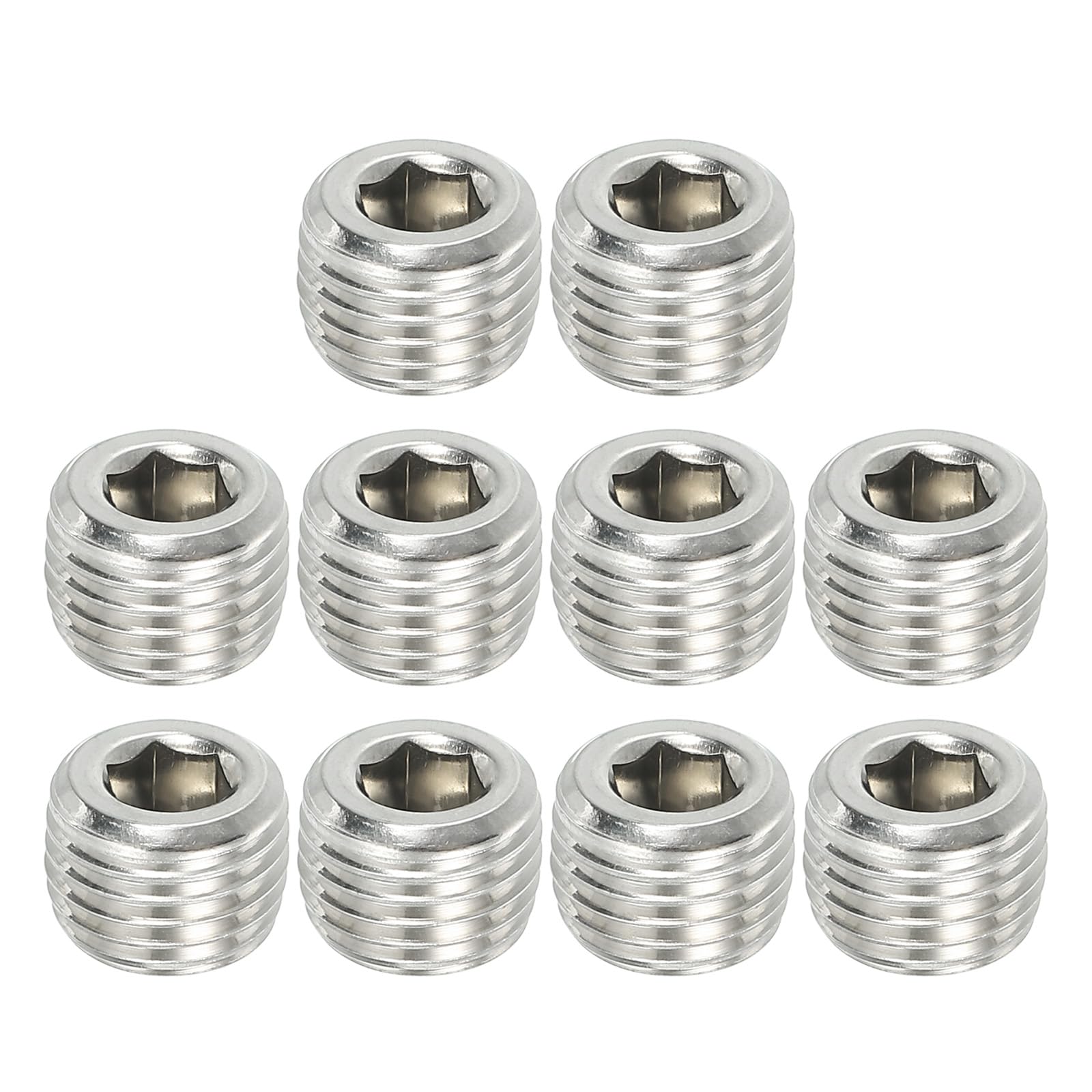 PATIKIL 1/4NPT Male Pipe Plug Internal Hex Thread Socket, 10 Pcs Solid Stainless Steel Pipe Plug Fitting Set Hex Counter Sunk Pipe Plug for Pipe Air Tanks, Silver