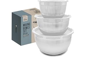 Chef Pomodoro Stainless Steel Mixing Bowl Set, Metal Mixing Bowls with Lids Set, Non-Slip Silicone Base, Nesting Bowls - 3 Piece (1.5 Qt, 3 Qt, 5 Qt), Mixing Bowls for Kitchen, Salad, Baking (Grey)