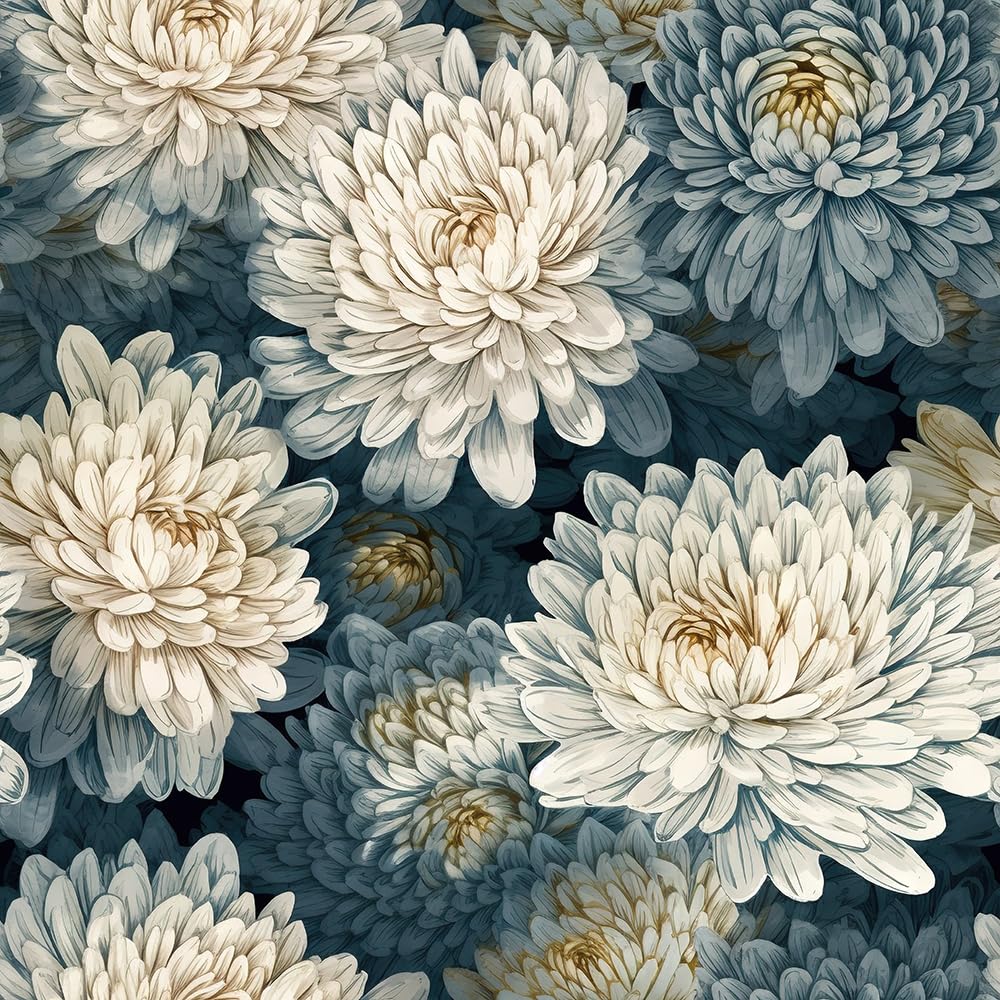 REDAMANCY White Blue Green Chrysanthemum Floral Navy Plants Peel and Stick Wallpaper Stick on Contact Paper Vintage Wall Paper Easy Peel Off for nightstand Drawer Cabinet Renter