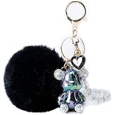 HONYJOOM Bear Keychain, Cute Keychains for Women, Pink Car Accessories for Girly, Pink Pom Pom Keychain