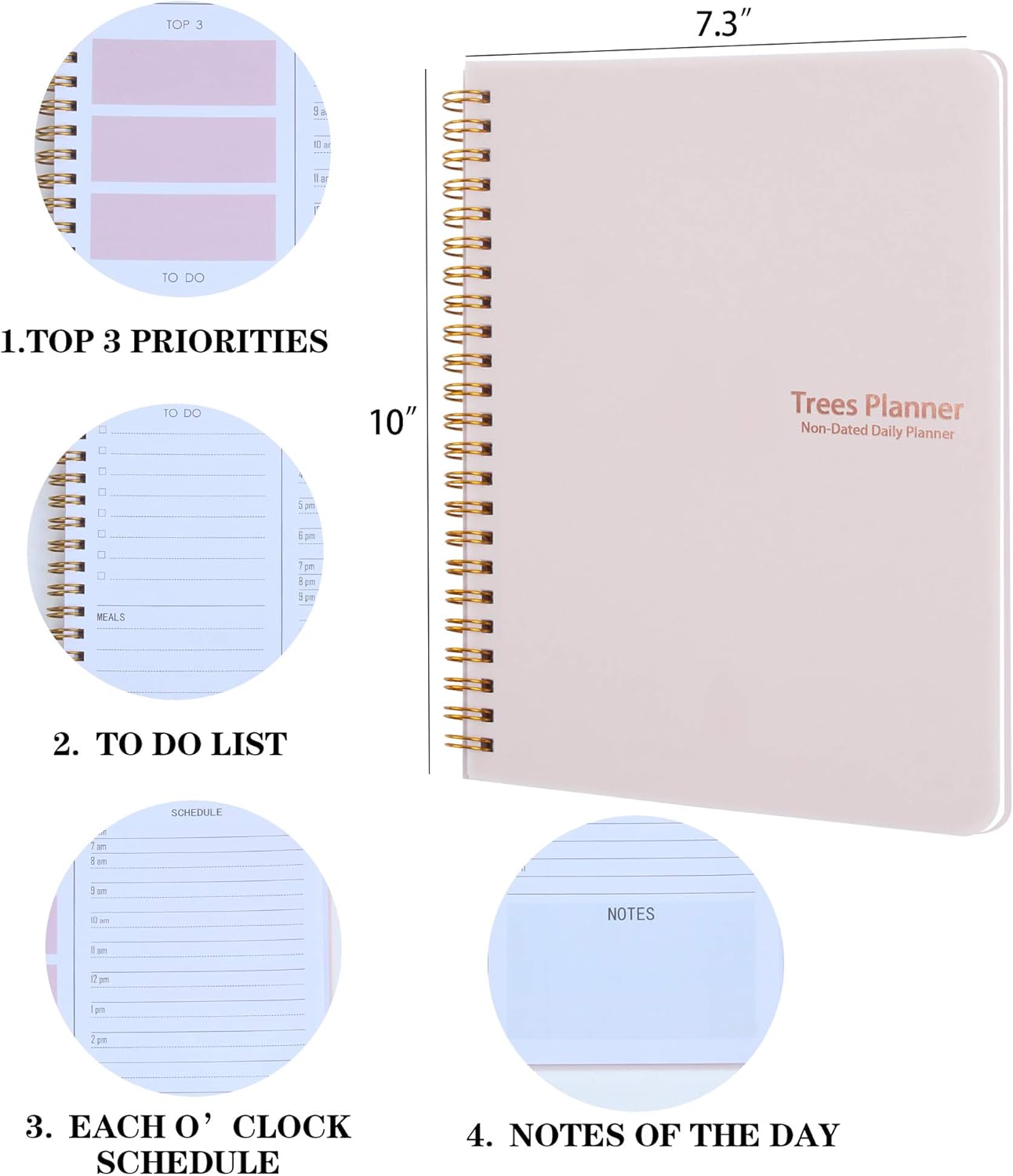 Daily Planner Hourly Schedules Appointment Planner Undated with to-Do List, Meals, Notes 10"X7.3", Flexible Cover, Twin-Wire Binding : Office Products