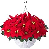 Artificial Fake Poinsettia Flowers Plants Hanging Basket for Christmas New Years Decoration, Faux Red Flower Realistic