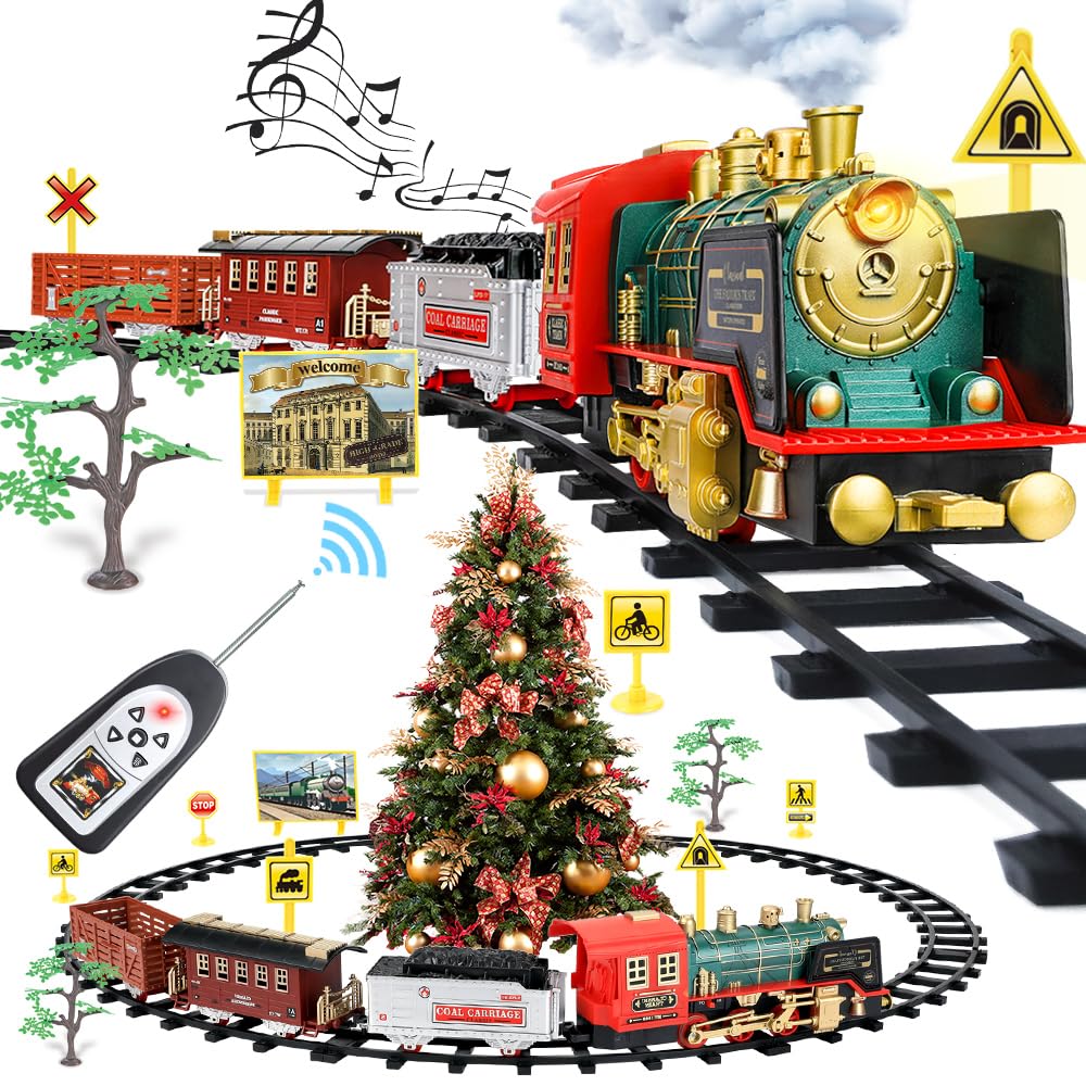FRUSE Remote Control Christmas Train Set,Electric R/C Train Toy for Kids w/Smokes,Lights & Sound,Railway Kits w/Steam Locomotive Engine,Cargo Cars & Tracks,Present for 3 + Year Old Kids