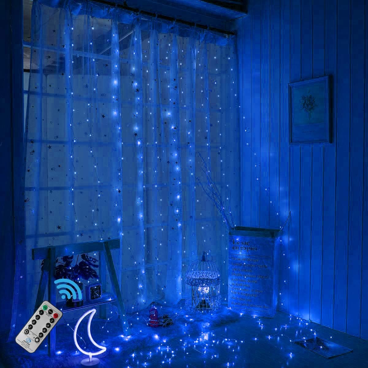 300 LEDs Blue Halloween Curtain String Lights,Christmas 9.8ftx9.8ft USB Powered Copper Wire Fairy Window Lights, Remote Timer Control 8 Modes Twinkle Lights for Kids Bedroom Wedding Wall Decorations