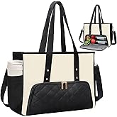 Jetviivid Lunch Tote Bag for Women, 15.6 Inch Laptop Bag with Insulated Lunch Compartment & Cup Holder for Work, Office,Teacher,College, Daily, Black&White