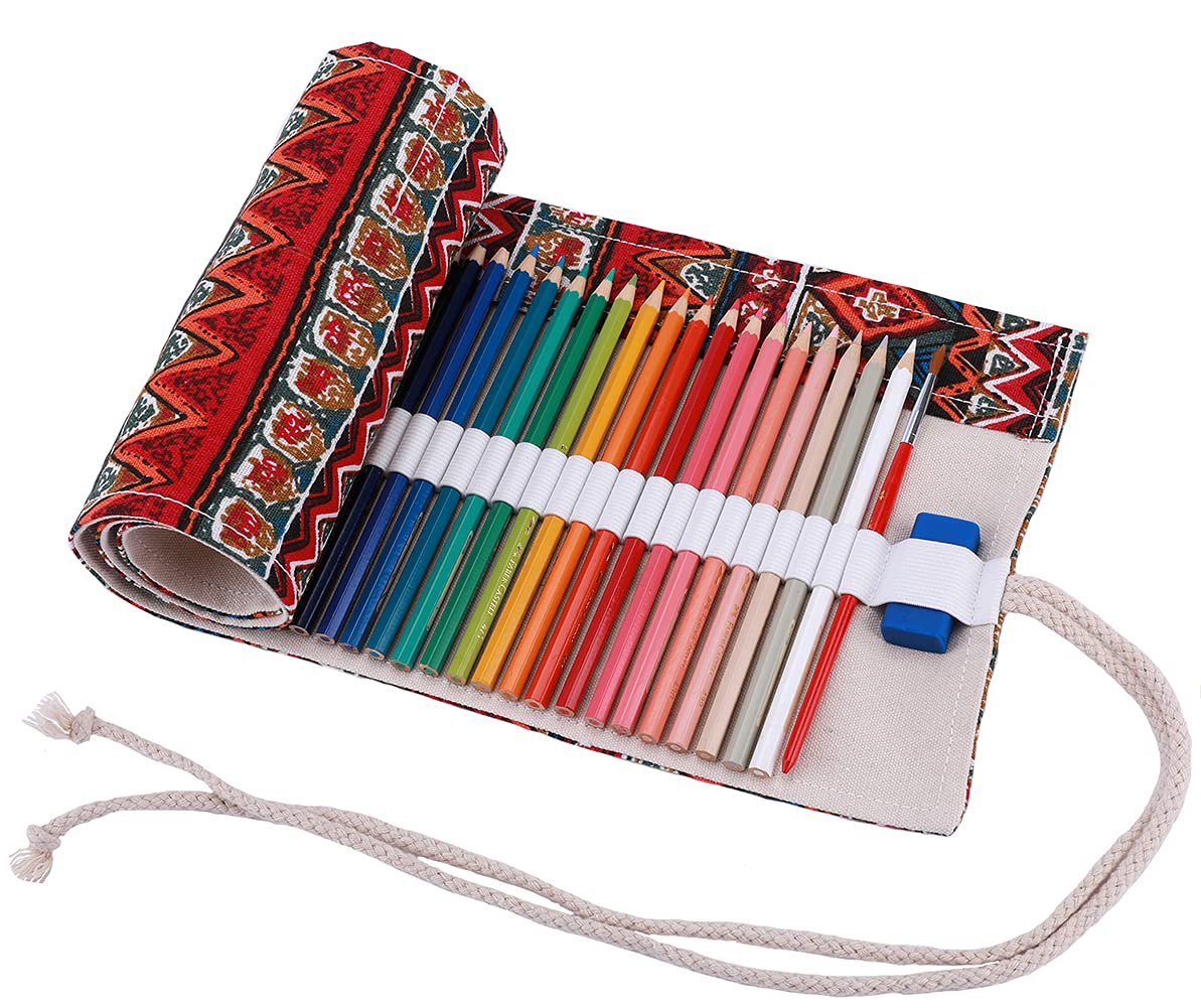 Amoyie Roll Up Pencil Case for 72 Coloured Pencils, Foldable Colouring Pens Organiser Bag, Artist Wrap, Portable Canvas Holder, Red Stripes