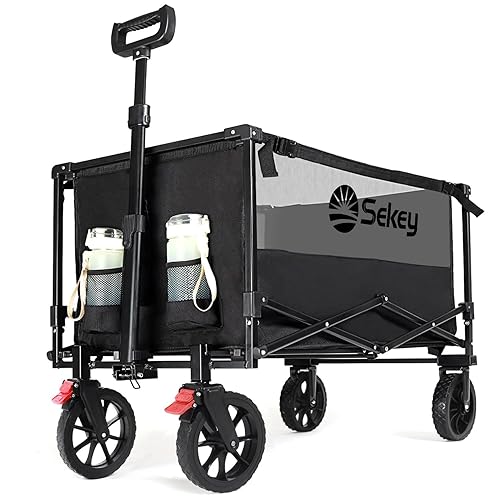 Sekey Folding Festival Trolley with 330LBS Large Capacity, Heavy Duty Camping Beach Wagon, Removable All-terrain Wheels, Collapsible Cart with Adjustable Handle & Drink Holders, Black&Grey