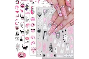 QDSUH Halloween Nail Stickers, Halloween Nail Art Decals 3D Self-Adhesive Pink Ghost Skull Spider Pumpkin Nail Design DIY Holiday Nail Decoration for Party (6 Sheets)