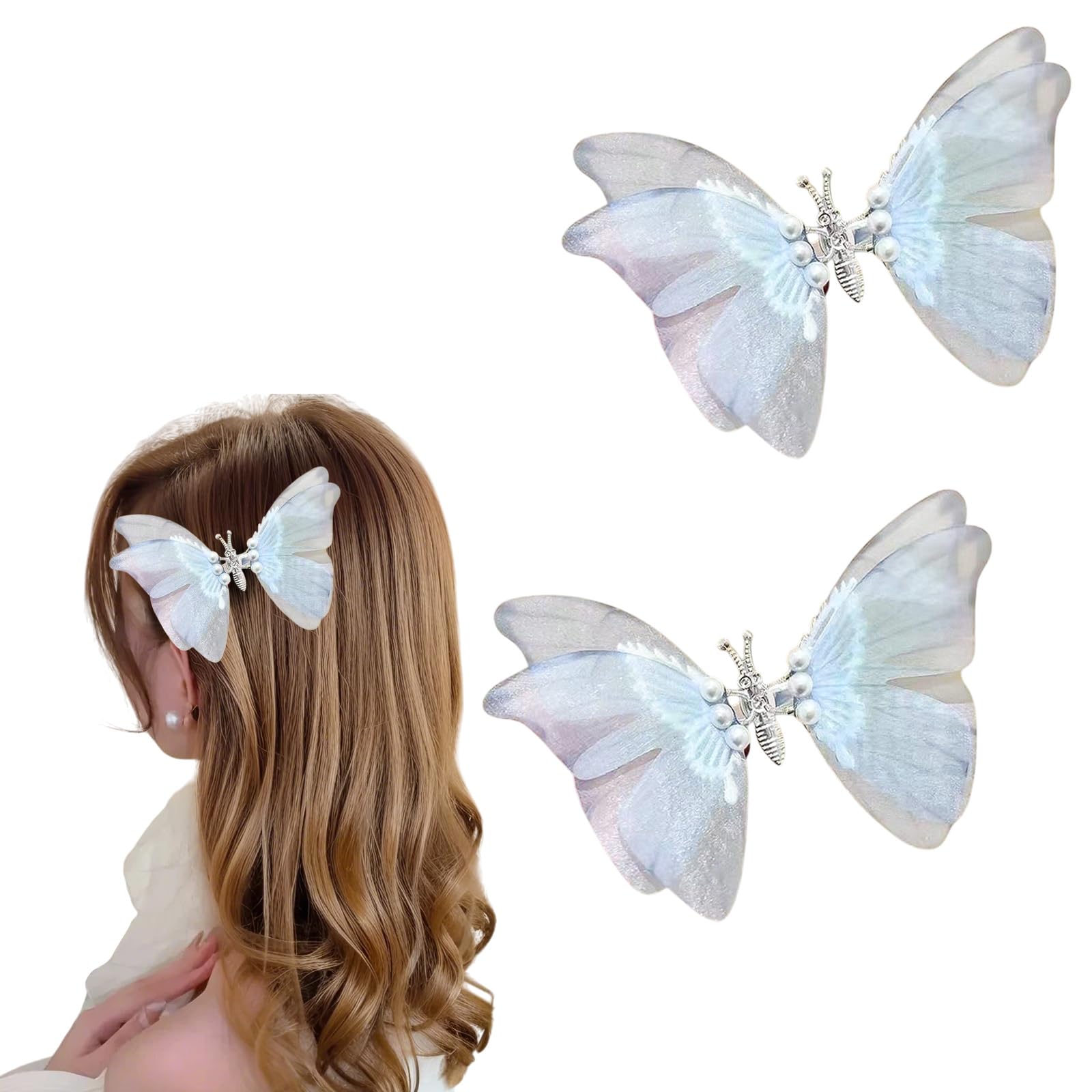 Photo 1 of Blue Butterfly Hair Clips Y2K Fancy Glitter Hair Styling Clips Pearl Moving Butterfly Wings Barrettes Non-Slip Metal Headwear for Women Wedding Hair Accessories