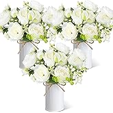 Solsew 3 Sets Artificial Peonies Flower Peony Bouquet with Galvanized Metal Pot Silk Fake Peonies Faux Flower Arrangements for Wedding Table Centerpiece Party Home Room (White)