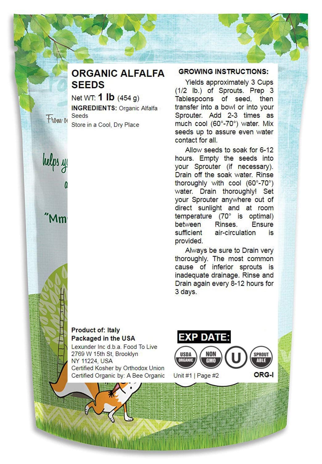 Organic Alfalfa Sprouting Seeds, 1 Pound - Non-GMO, Kosher, Raw, Vegan, Bulk: Grocery & Gourmet Food