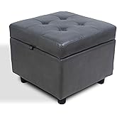 H&B Luxuries Tufted Leather Square Flip Top Storage Ottoman Cube Foot Rest (Grey with Storage)