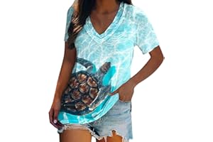 YSLMNOR Sea Turtle Printed Tops for Womens Summer Casual T Shirt Short Sleeve V Neck Blouses Loose Tunic