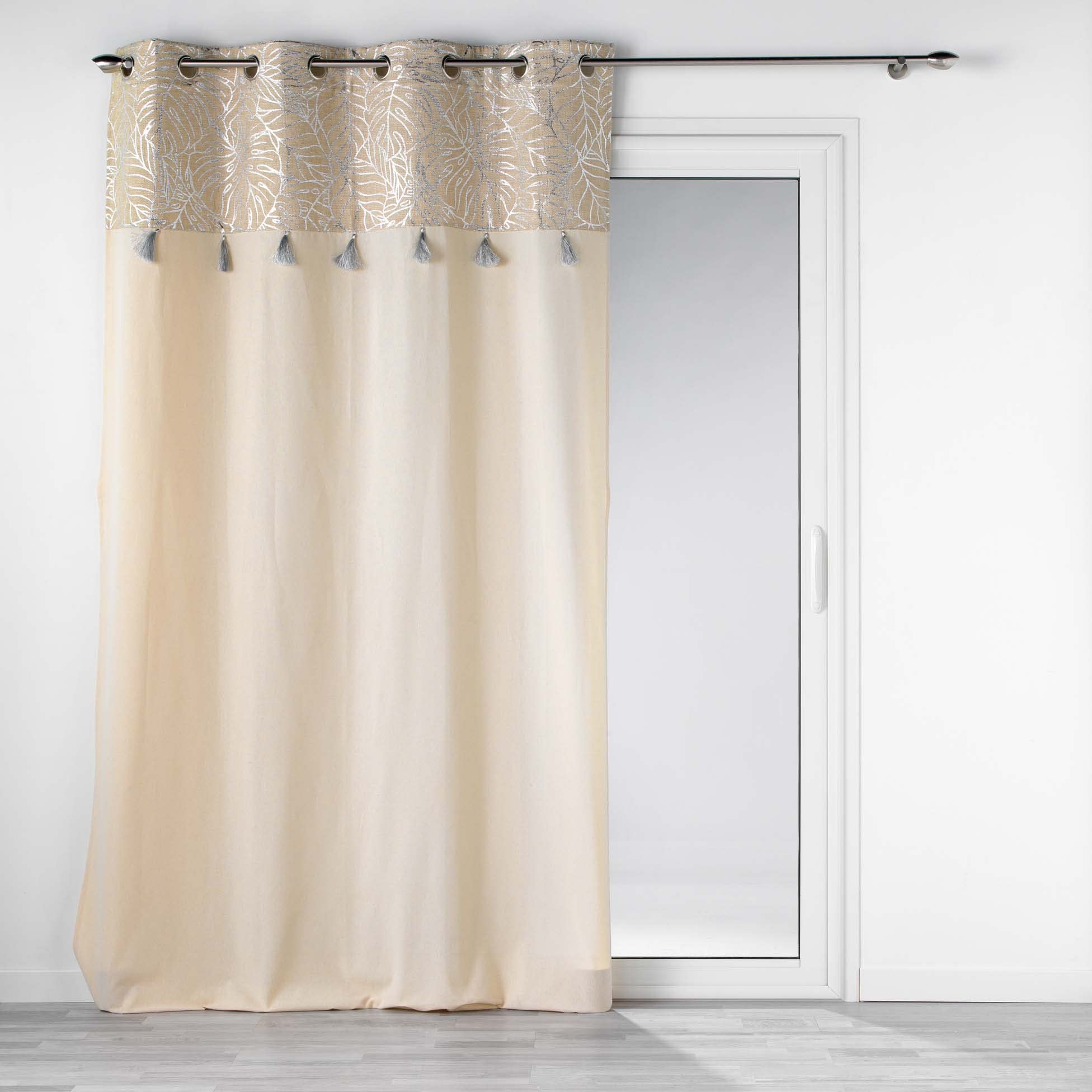 Douceur d'Intérieur, Solea Silver Polycotton Eyelet Curtain with Top Metal and Pompom Plain Panel 140 x 240 cm