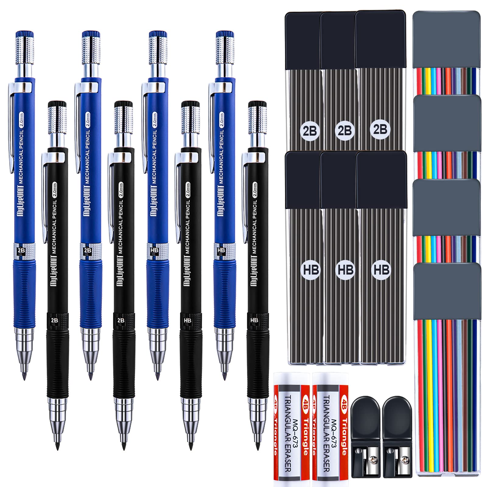 MyLifeUNIT 22 Pcs 2.0 mm Mechanical Pencils Set, 8 Pcs Lead Pencils with 10 Case Lead Refills 2B, HB Black & Colors, 2 Pcs Erasers and 2 Pcs Sharpeners for Drawing, Sketching and Drafting