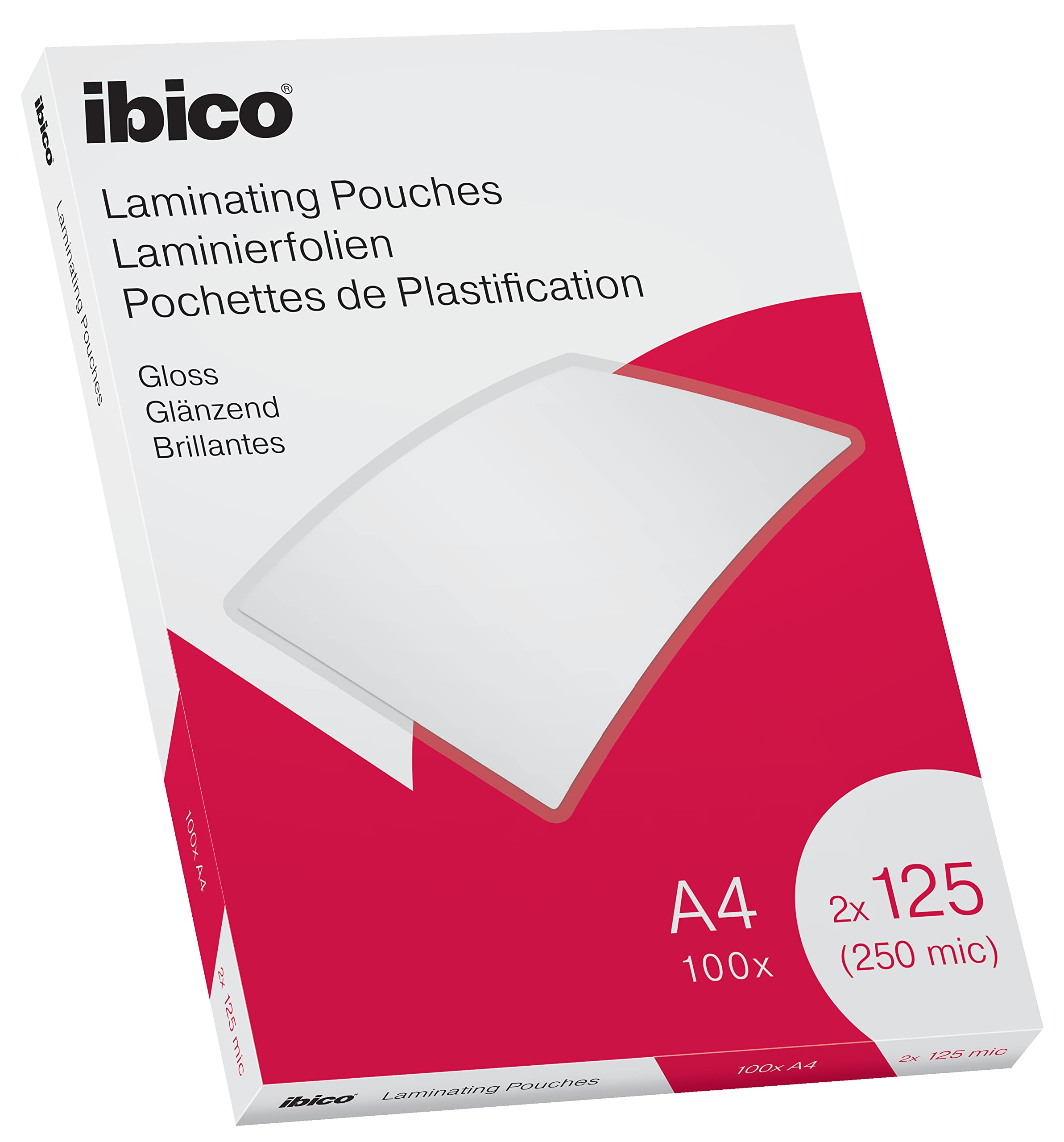 Ibico A4 Laminating Pouches, 250 Micron (2x125), High Document Protection & Durability, Pack of 100, Gloss Finish, Crystal Clear, 627318