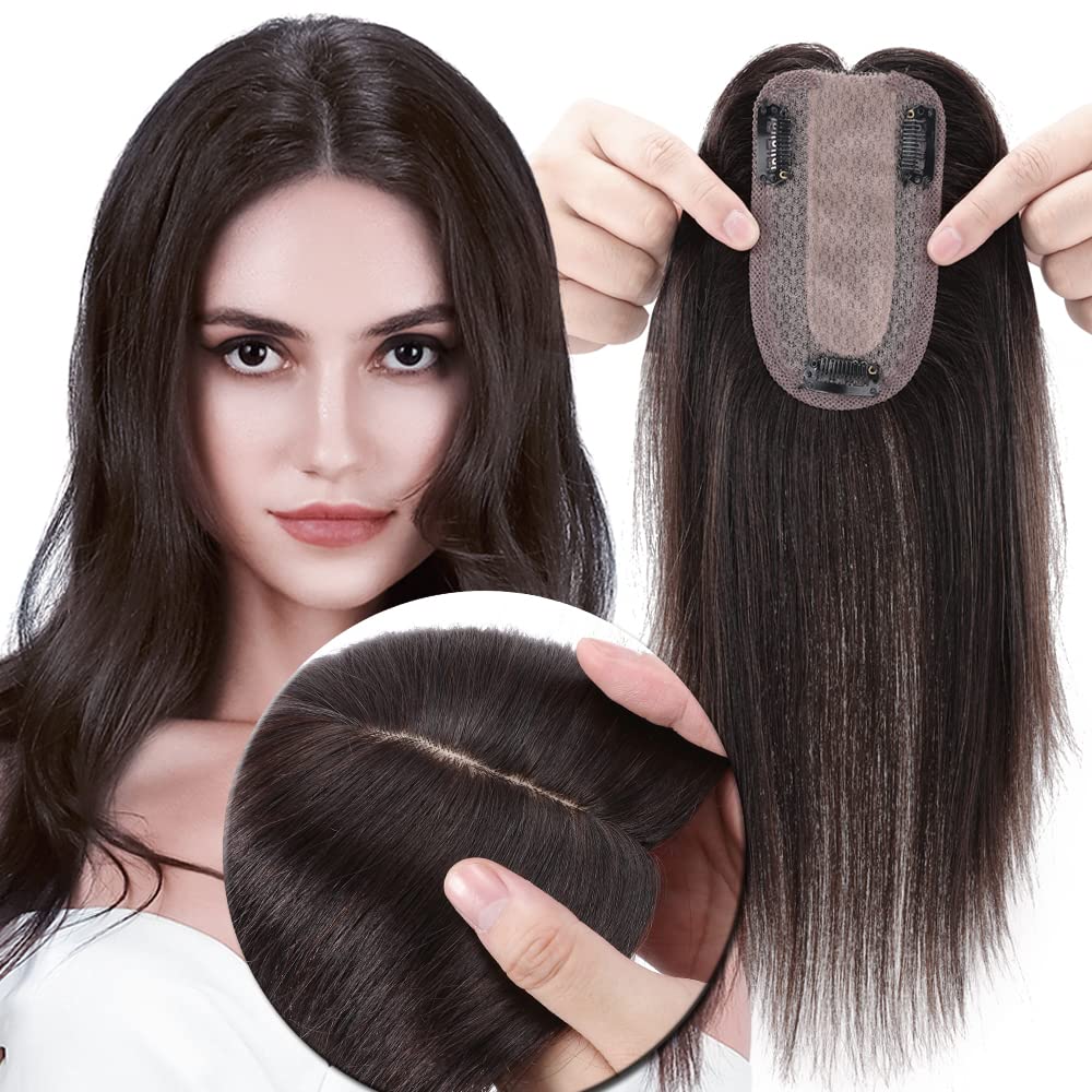 Photo 1 of MY-LADY Human Hair Toppers for Women Real Remy Hair 150% Density 7 * 13CM Silk Base No Bangs Clip in Hair Pieces Straight Hairpiece for Thinning Hair 18 Inch #02 Dark Brown