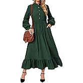 RuoRayVan Women's 2026 Spring Dresses Long Sleeve Elegant Crew Neck A-Line Elastic Wasit Lightweight Formal Casual Midi Dress