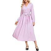 Ladyful Women's Pink Striped Maxi Dress Long Sleeve V Neck Button Up Shirt Dresses Tie Waist Flowy A Line Dress