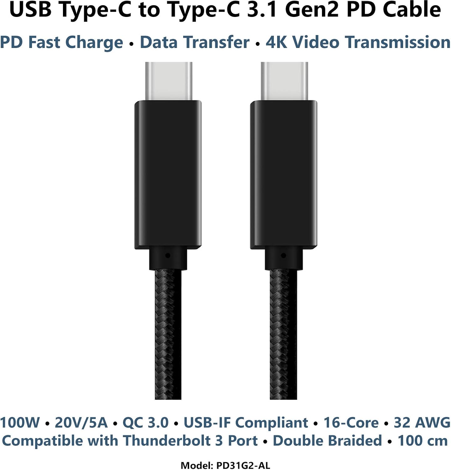 Double Braided 100cm USB Type-C to Type-C 3.1 Gen 2 PD Fast Charging Data and 4K Video Transmission Cable Compatible with Thunderbolt 3 Port – 10 Gbps, 100W, QC 3.0 Support and E-Mark Chip - Image 3