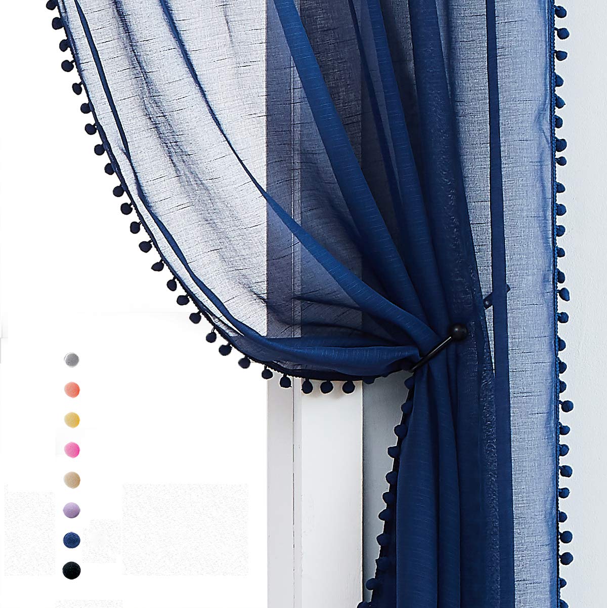 Treatmentex Pom-Pom Blue Sheer Curtains for Bedroom