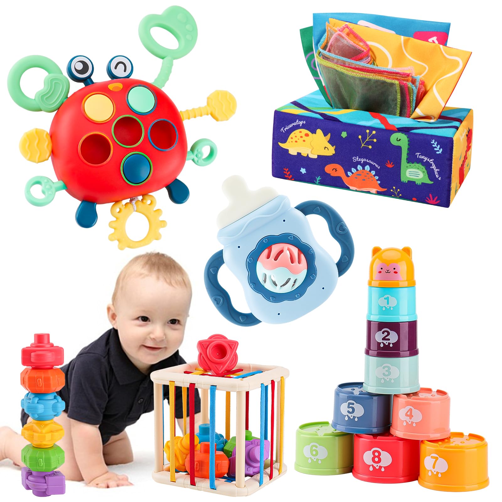 Photo 1 of KADAYAYA Montessori Baby Toy for 6 12 18 Months,Teether Rattle Toy Tissue Box Pull String Crab Toy,Infant Sensory Toys Shape Storage Bin,Stacking Cup Toy Gift for Toddlers Boys Girls 1 2 3 Year Old