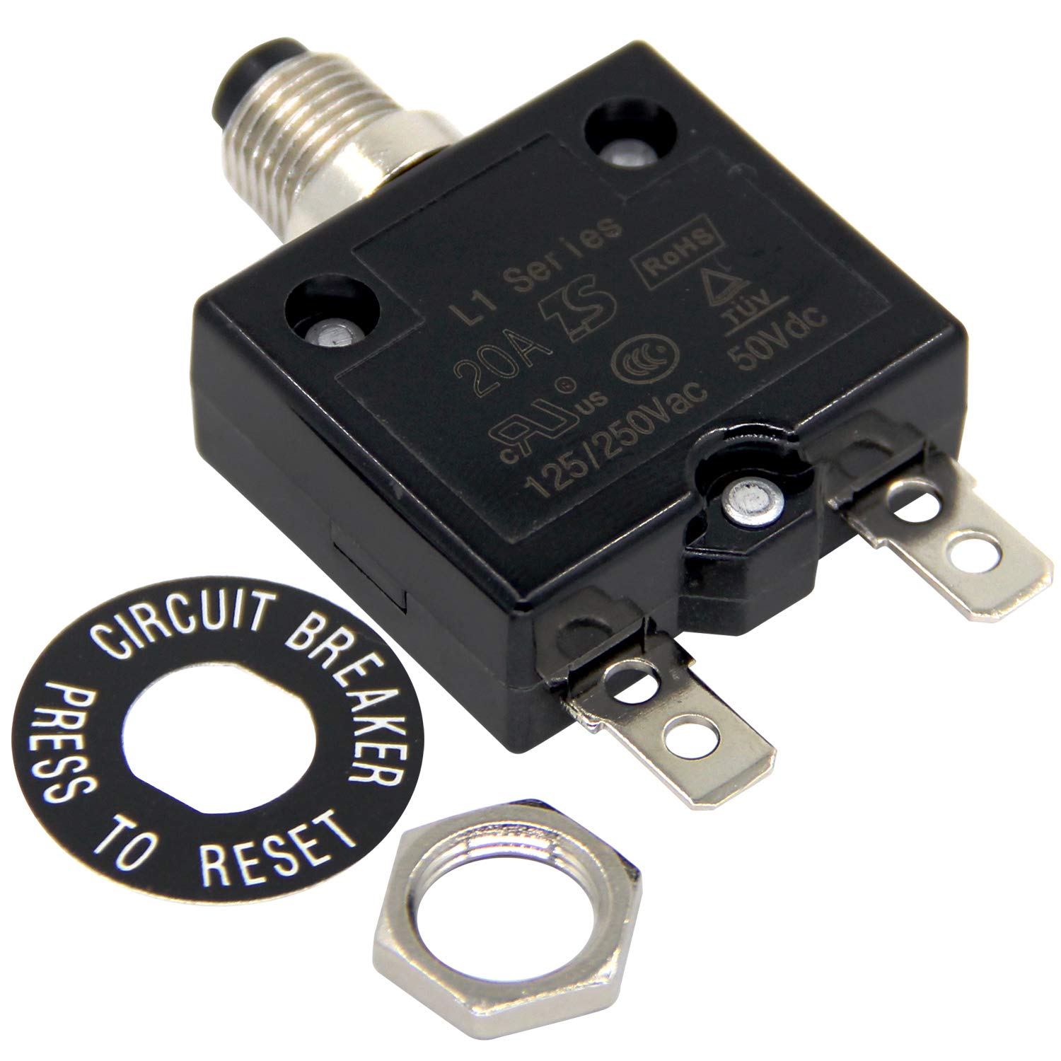 RKURCK 125-250V AC 50V DC Push Button Circuit Breaker 20 Amps Thermal Overload Protector L1 Series Manual Reset Thermal Circuit Breaker 20A