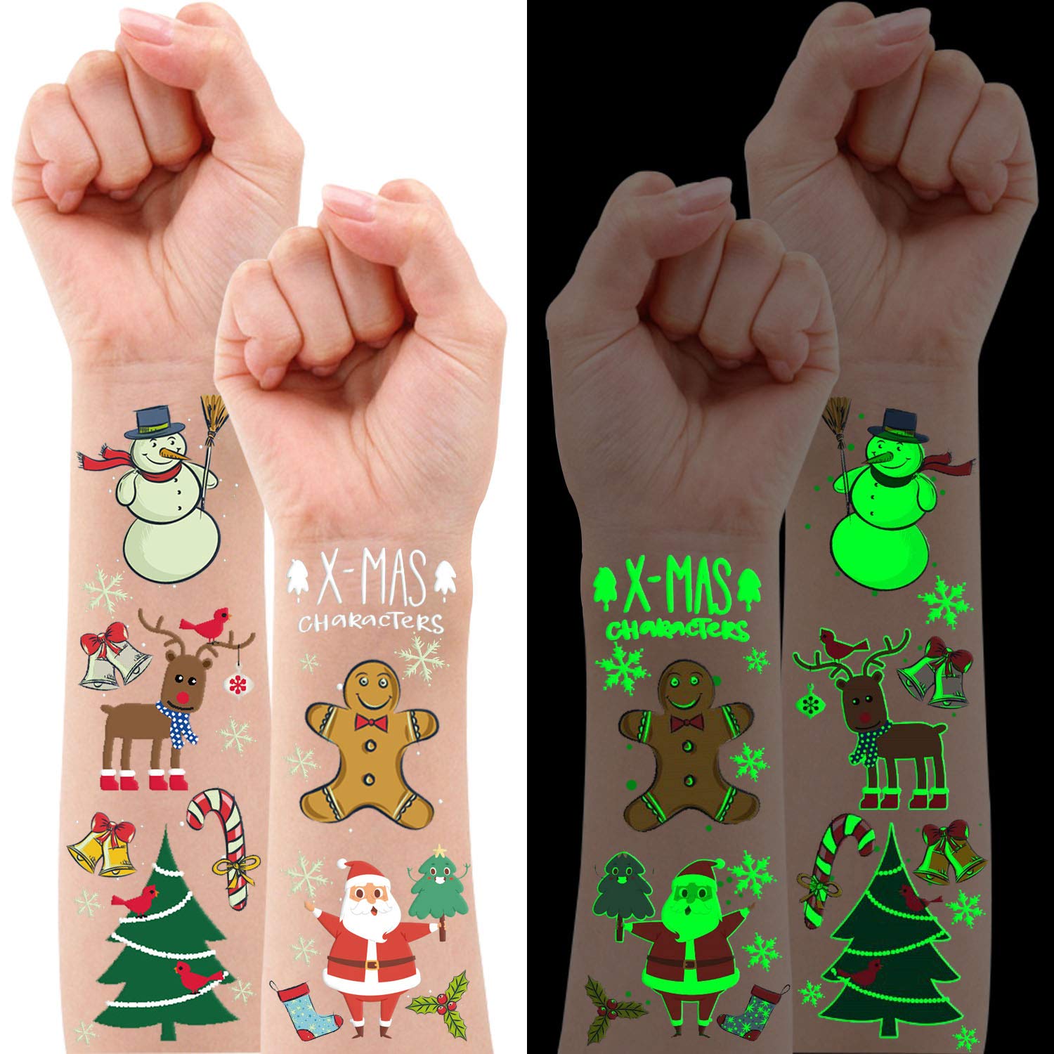 PARTYWIND Luminous Christmas Temporary Tattoos for Party Decorations, Glow Christmas Stocking Stuffers for Kids Party Favors Supplies, Xmas Holiday Stickers for Kids Boys Girls - 4 Sheets
