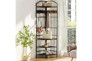 LTTROMAT 4-Tier Corner Coat Rack with Shoe Storage Entryway, Farmhouse Corner Hall Tree with Bench and 6 Metal Hooks, Freestanding Clothes Rack for Home Office Bedroom
