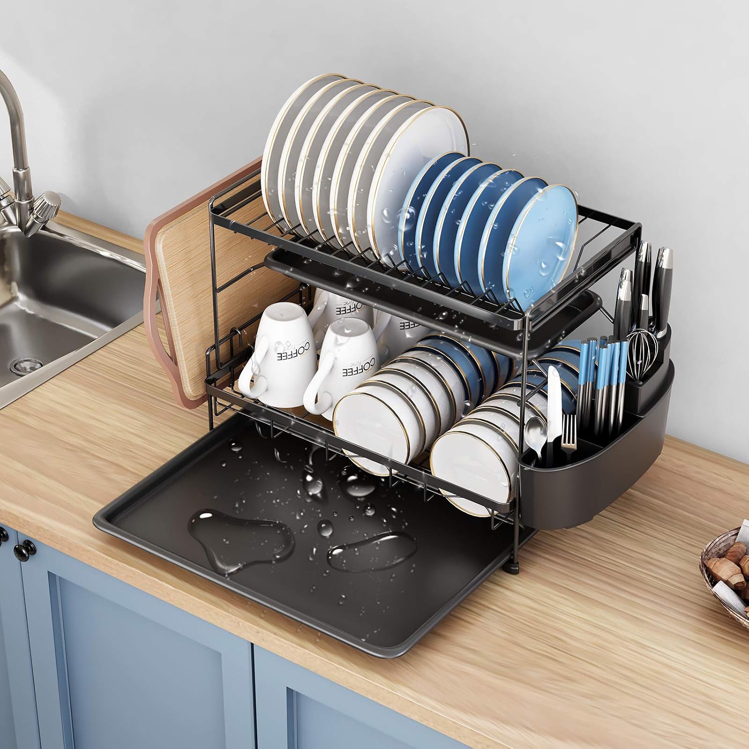 2-Tier Drying Dish Rack with drainboards Adjustable Swivel Spout for ...