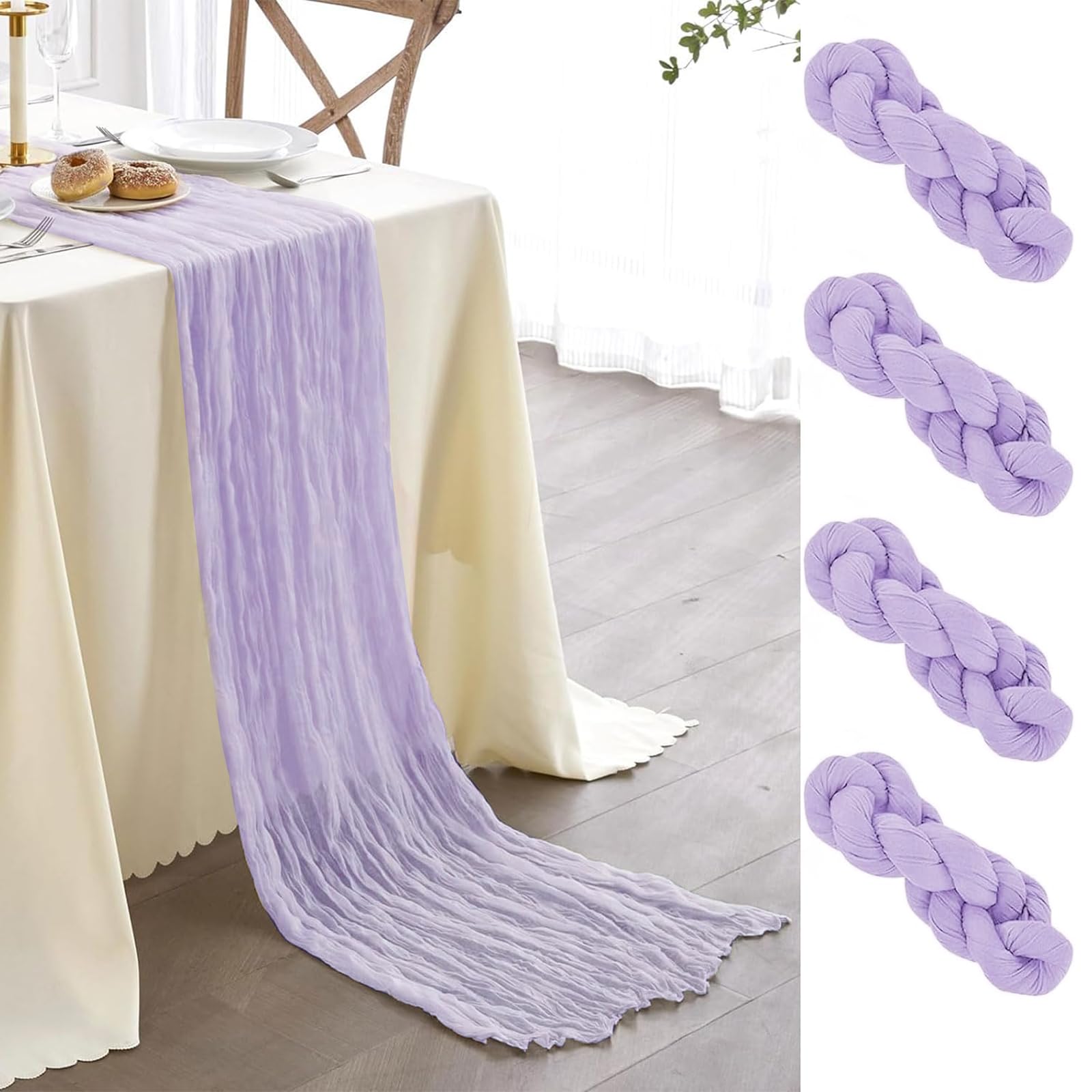 Newthinking 4 Packs Cheesecloth Table Runner, 10 ft Purple Cheesecloth Table Runner, Rustic Gauze Fabric Table Runner for Wedding Table Decoration Holiday Party, 90X300CM