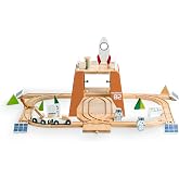 EverEarth Wooden Train Set Space Toys, Wood Train Track Set 39pcs, Mars Explore Base Train Space Station with Rocket and Astronaut for Kids 36m+, FSC Certified