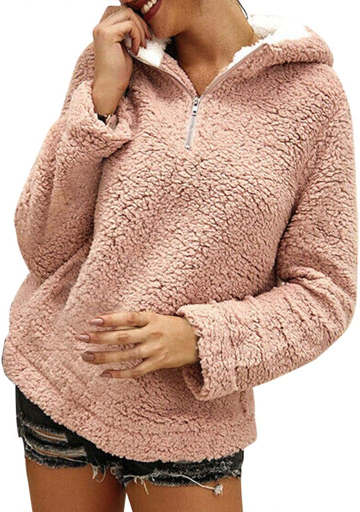 iHHAPY Women's Plush Sweatshirt Winter Hoodie Faux Fleece Tops Long Sleeve Coat Leisure Sweatshirts Fashion Streetwear