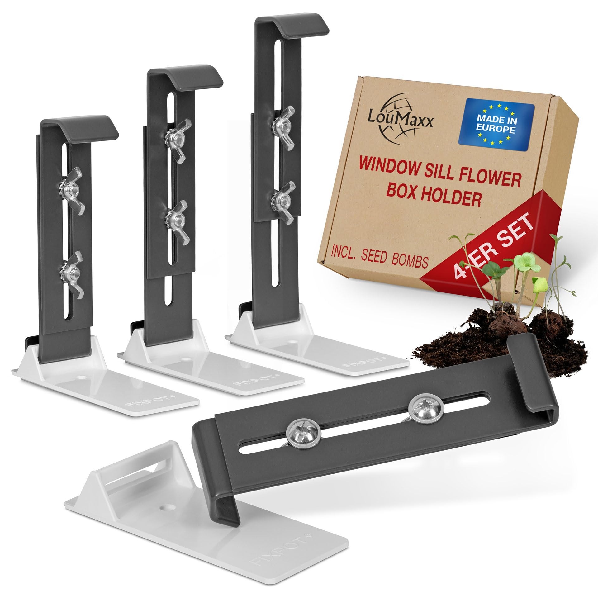 LouMaxx Window Box Holder without Drilling - Set of 4 Invisible Window Sill Flower Box Holder in Anthracite - Sturdy, Height Adjustable - Includes Adapters and Seed Bombs