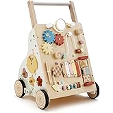 PTINFLUCE Wooden Baby Walker, Baby Push Walker for Boys and Girls 12 Months+, Adjustable Speed and Height Activity Walker, Montessori Push Toy for Toddler Learning to Walk