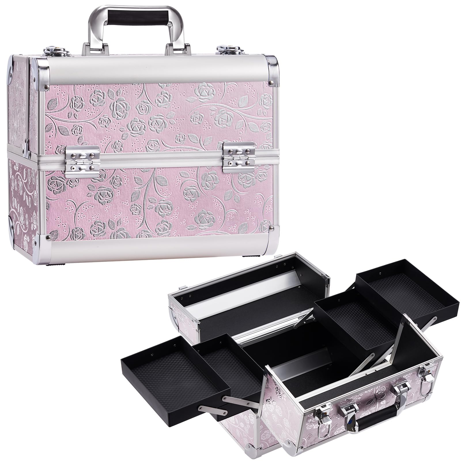 Professional Vanity Case Make Up Case Large Makeup Box Beauty Organiser Cosmetic Makeup Organiser Box 4 Trays Lockable Lock with Keys, Pink