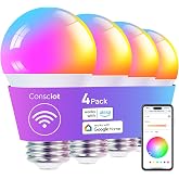 Consciot Smart LED Light Bulb, 60W Equivalent, Music Sync, Dimmable, 4 Pack | WiFi Color-Changing A19 E26 Lamp Compatible with Alexa &amp; Google Home