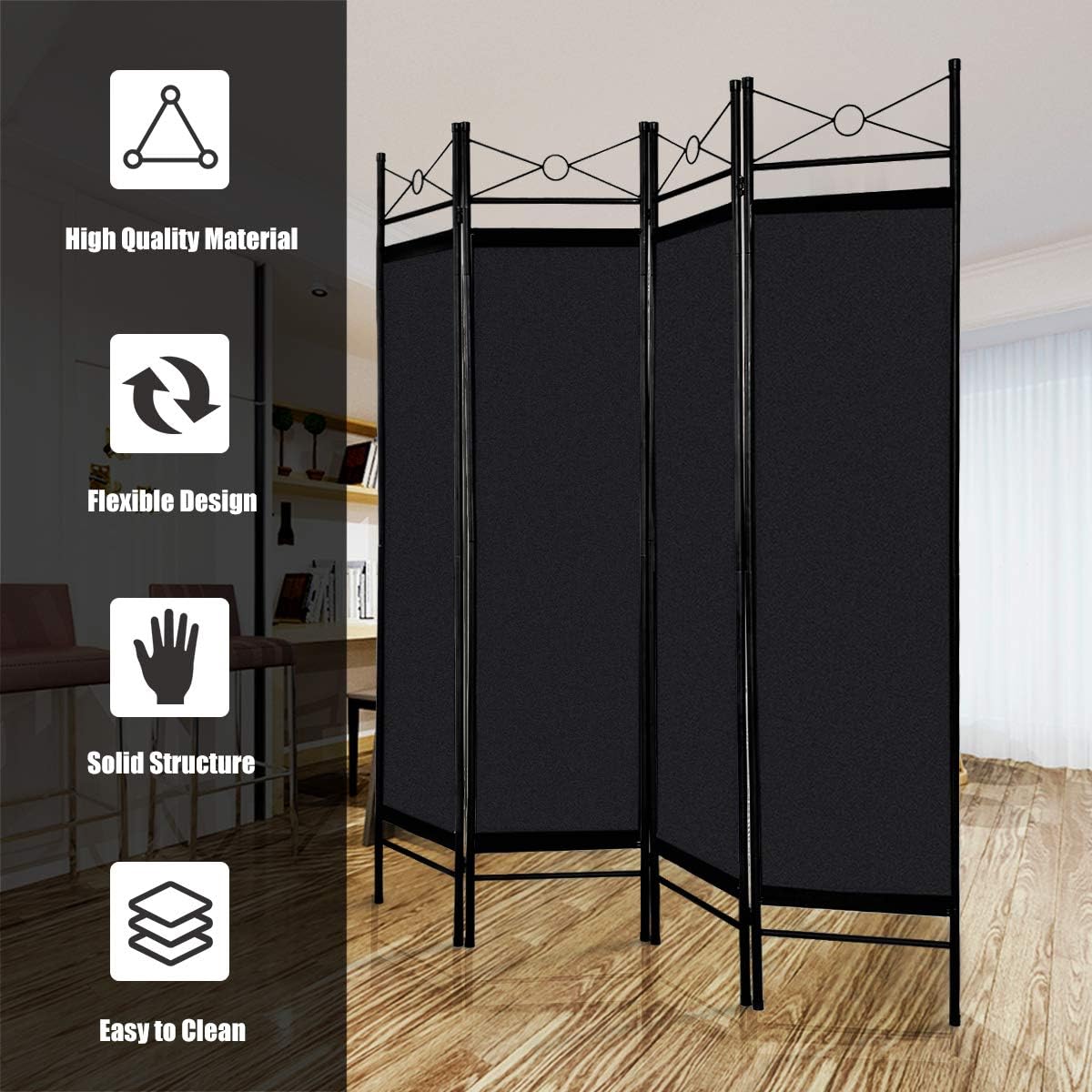 Giantex 4 Panel Room Divider Screens Steel Frame & Fabric Surface Freestanding Room Dividers and Folding Privacy Screens Home Office, Black: Furniture & Decor
