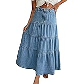 EMMIOL Long Denim Skirt for Women - Mid High Waisted A-Line Jean Maxi Skirts Dark Wash Tiered Swing Jean Skirt with Pockets