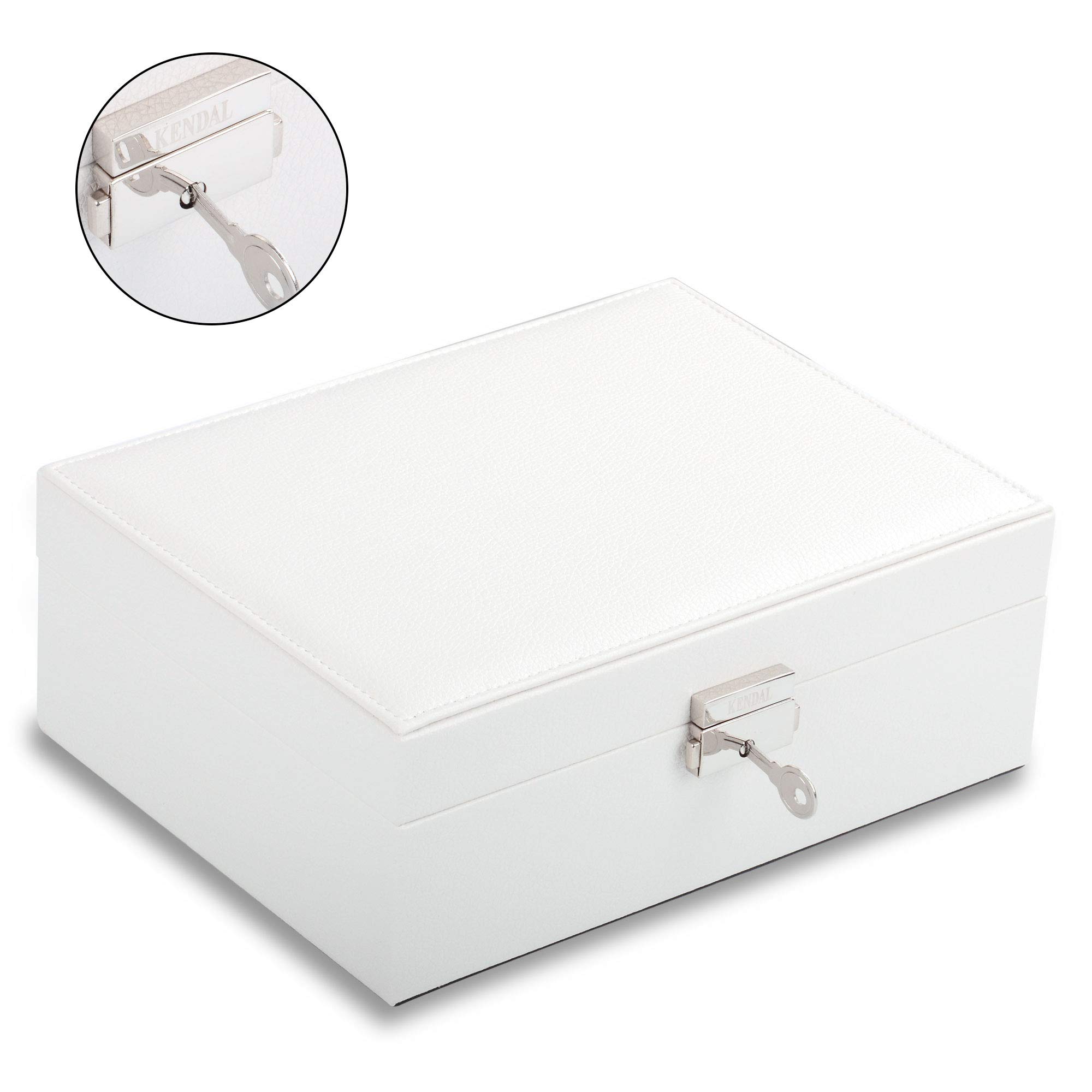 Kendal 2 Trays White Leather Jewelry Box Case Storage Organizer with